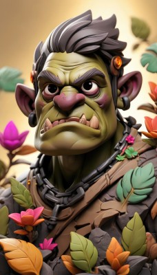 solo,looking at viewer,short hair,black hair,1boy,jewelry,closed mouth,upper body,flower,grey hair,male focus,earrings,teeth,pointy ears,necklace,black eyes,colored skin,chain,frown,leaf,fangs,thick eyebrows,portrait,green skin,mohawk,orc,tusks,brown eyes,blurry,cosplay,blurry background,pink flower,brown jacket,nose,very short hair,wrinkled skin