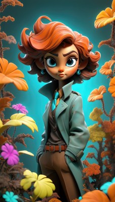 1girl,solo,looking at viewer,short hair,blue eyes,brown hair,shirt,jewelry,closed mouth,standing,jacket,flower,red hair,cowboy shot,earrings,open clothes,necktie,collared shirt,belt,pants,dark skin,medium hair,orange hair,vest,dark-skinned female,lips,coat,makeup,leaf,blue background,thick eyebrows,plant,lipstick,freckles,curly hair,open coat,blue necktie,belt buckle,nose,hands in pockets,purple flower,brown belt,brown pants,blue coat,tomboy,artist name,buckle