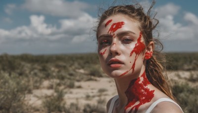 1girl,solo,long hair,looking at viewer,blue eyes,brown hair,jewelry,earrings,outdoors,parted lips,sky,day,cloud,blurry,blue sky,lips,blood,depth of field,blurry background,messy hair,portrait,blood on face,realistic,nose,blood on clothes,cloudy sky,facepaint