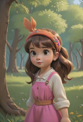 1girl,solo,long hair,looking at viewer,brown hair,shirt,hair ornament,dress,brown eyes,jewelry,closed mouth,standing,white shirt,flower,hairband,earrings,outdoors,day,belt,tree,lips,grass,feathers,child,pink dress,nature,sleeves rolled up,forest,freckles,arms at sides,female child,pinafore dress,blush,bangs,long sleeves,hat,upper body,collared shirt,artist name,thick eyebrows