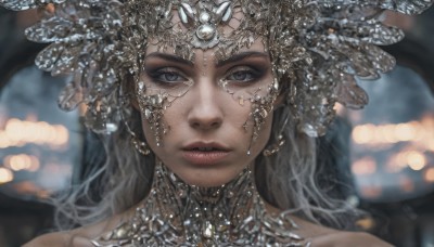 1girl,solo,long hair,looking at viewer,black hair,hair ornament,bare shoulders,jewelry,grey hair,earrings,parted lips,teeth,dark skin,blurry,dark-skinned female,lips,grey eyes,eyelashes,depth of field,blurry background,gem,portrait,circlet,realistic,red lips,straight-on,head chain,makeup,close-up,bokeh