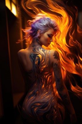 1girl,solo,looking at viewer,short hair,blue eyes,standing,ass,white hair,nude,cowboy shot,parted lips,looking back,from behind,tattoo,profile,makeup,back,fire,lipstick,eyeshadow,arm tattoo,back tattoo,burning,fiery hair,full-body tattoo,dark skin,dark-skinned female,lips,completely nude,half-closed eyes,nose,facial tattoo,flame,updo,glowing hair