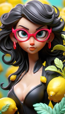 1girl,solo,long hair,breasts,looking at viewer,blue eyes,black hair,cleavage,jewelry,medium breasts,collarbone,upper body,earrings,parted lips,food,glasses,artist name,blurry,aqua eyes,lips,eyelashes,bodysuit,makeup,fruit,leaf,watermark,lipstick,web address,freckles,lemon,red-framed eyewear,holding fruit,pink-framed eyewear