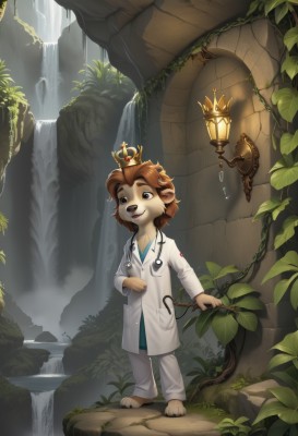 solo,smile,open mouth,brown hair,1boy,holding,brown eyes,standing,full body,male focus,outdoors,barefoot,water,crown,plant,child,furry,labcoat,lamp,furry male,vines,waterfall,stethoscope,doctor,animal ears,tail,teeth,artist name,tree,leaf,moss