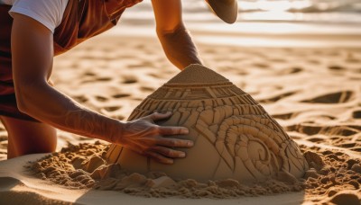 solo,shirt,1boy,holding,white shirt,short sleeves,male focus,outdoors,shorts,water,blurry,tattoo,blurry background,ocean,beach,realistic,sand,1girl,ass,multiple boys,dark skin,fingernails,depth of field,freckles,out of frame,head out of frame,lower body