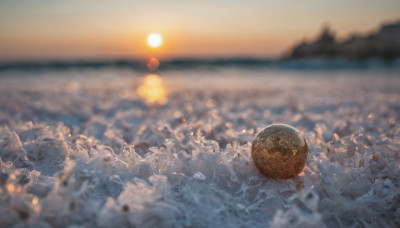 outdoors, sky, cloud, signature, blurry, no humans, depth of field, blurry background, ocean, scenery, sunset, sun, planet