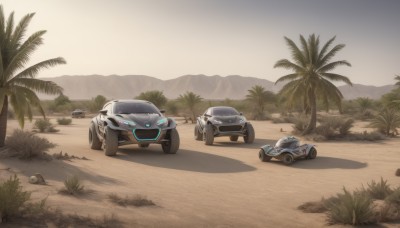 outdoors,tree,no humans,shadow,grass,ground vehicle,scenery,motor vehicle,science fiction,sand,palm tree,car,road,vehicle focus,desert,wheel,truck,tire,sky,signature,sports car