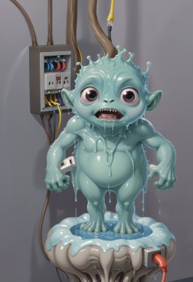 solo,looking at viewer,open mouth,1boy,standing,full body,male focus,teeth,pointy ears,no humans,saliva,colored skin,sharp teeth,child,monster,blue skin,cable,male child,dripping,slime (substance),simple background,grey background,black eyes,drooling,creature,green skin