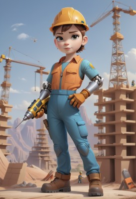 1girl,solo,looking at viewer,short hair,brown hair,shirt,gloves,1boy,holding,brown eyes,closed mouth,standing,full body,weapon,boots,outdoors,sky,day,pants,cloud,vest,blue sky,lips,hand on hip,gun,bird,brown footwear,helmet,robot,child,overalls,jumpsuit,male focus,multiple boys,solo focus,zipper,male child,mechanical arms