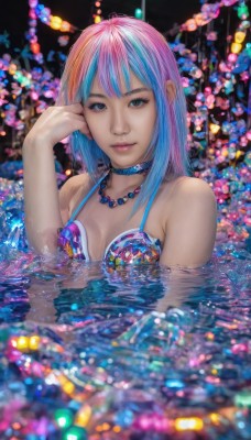 1girl,solo,long hair,breasts,looking at viewer,smile,bangs,cleavage,bare shoulders,jewelry,medium breasts,closed mouth,blue hair,swimsuit,upper body,pink hair,bikini,multicolored hair,choker,hand up,water,necklace,blurry,black eyes,two-tone hair,lips,grey eyes,watermark,partially submerged,realistic,nose,multicolored bikini,blue eyes,artist name,medium hair,wet,hand on own face