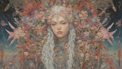 1girl,solo,long hair,looking at viewer,blue eyes,hair ornament,1boy,jewelry,upper body,flower,white hair,male focus,hair flower,lips,makeup,leaf,wavy hair,traditional media,gem,portrait,fantasy,necklace,painting (medium)