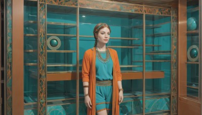 1girl,solo,long hair,looking at viewer,smile,brown hair,shirt,brown eyes,jewelry,standing,cowboy shot,hairband,earrings,pants,indoors,necklace,bracelet,lips,makeup,blue shirt,blue eyes,long sleeves,closed mouth,braid,shorts,twin braids,scenery,robe