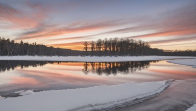 outdoors,sky,cloud,water,tree,no humans,cloudy sky,nature,scenery,snow,forest,reflection,sunset,mountain,winter,evening,landscape,lake,gradient sky,orange sky,red sky,reflective water