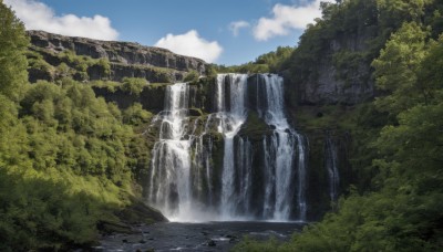 outdoors,sky,day,cloud,water,tree,blue sky,no humans,cloudy sky,nature,scenery,forest,mountain,river,waterfall,landscape,cliff,moss,rock