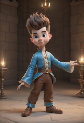 solo,looking at viewer,smile,short hair,brown hair,long sleeves,1boy,brown eyes,standing,full body,male focus,boots,belt,pants,artist name,indoors,wide sleeves,black eyes,brown footwear,spiked hair,child,brown belt,candle,male child,brown pants,watermark,fire,candlestand