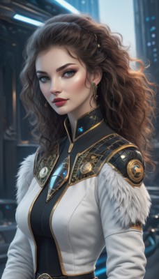 1girl,solo,long hair,breasts,looking at viewer,blue eyes,brown hair,long sleeves,jewelry,medium breasts,closed mouth,jacket,upper body,earrings,belt,blurry,lips,coat,grey eyes,fur trim,makeup,blurry background,wavy hair,white jacket,lipstick,brooch,gem,forehead,eyeshadow,curly hair,nose,white coat,red lips,eyeliner,hair pulled back,artist name,eyelashes,backlighting,realistic