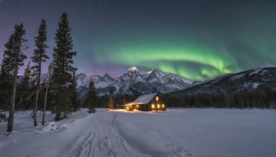 outdoors,sky,tree,no humans,night,fire,star (sky),nature,night sky,scenery,snow,forest,starry sky,lantern,mountain,winter,bare tree,landscape,mountainous horizon,tent,pine tree,aurora,house