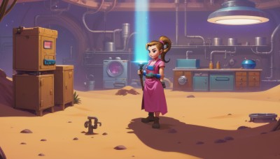 1girl,solo,long hair,smile,brown hair,hair ornament,gloves,dress,holding,standing,ponytail,short sleeves,boots,pointy ears,indoors,fingerless gloves,black eyes,apron,shadow,brown footwear,scrunchie,high ponytail,robot,star (sky),pink dress,hair scrunchie,science fiction,space,wide shot,laser,looking at viewer,blue eyes,jewelry,closed mouth,full body,belt,box,purple dress,cable,radio,crate,machine