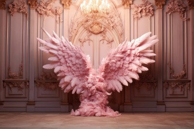 PREMIUM,wings,indoors,no humans,window,sunlight,feathers,scenery,feathered wings,angel wings,fantasy,door,white wings,light,pink theme,pillar,multiple wings,arch,chandelier,column,solo,wooden floor,angel,statue