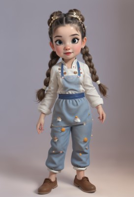 1girl,solo,long hair,looking at viewer,blush,smile,simple background,brown hair,shirt,black hair,hair ornament,long sleeves,twintails,closed mouth,standing,full body,white shirt,braid,shoes,pants,grey background,black eyes,twin braids,lips,grey eyes,shadow,brown footwear,child,freckles,female child,overalls,blue overalls,blue eyes,jewelry,flower,earrings,hair flower,hair bun,apron