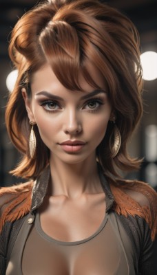 1girl,solo,breasts,looking at viewer,short hair,bangs,large breasts,brown hair,cleavage,brown eyes,jewelry,medium breasts,closed mouth,collarbone,jacket,upper body,earrings,medium hair,blurry,lips,see-through,eyelashes,makeup,depth of field,blurry background,portrait,freckles,realistic,nose,artist name,feathers