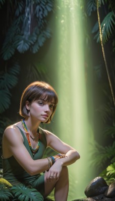 1girl,solo,short hair,bangs,blue eyes,brown hair,dress,bare shoulders,brown eyes,jewelry,sitting,closed mouth,outdoors,sleeveless,necklace,bracelet,tree,lips,leaf,sunlight,ring,plant,nature,forest,knee up,green dress,rock,realistic,nose,black hair,tank top