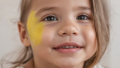 1girl,solo,looking at viewer,smile,open mouth,blonde hair,simple background,brown hair,white background,brown eyes,parted lips,teeth,grey background,blurry,lips,depth of field,portrait,close-up,realistic,nose,facepaint,pointy ears,eyelashes,traditional media,parody