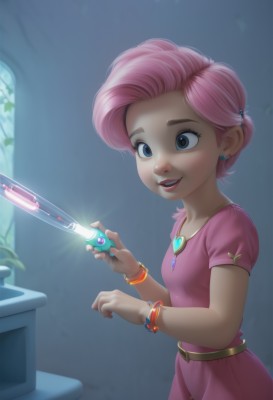 1girl,solo,breasts,smile,short hair,open mouth,blue eyes,hair ornament,dress,holding,jewelry,pink hair,short sleeves,earrings,small breasts,teeth,belt,artist name,indoors,necklace,bracelet,eyelashes,window,makeup,glowing,ring,plant,gem,child,pink dress,female child,bangle,stud earrings,lips,watermark,nose,syringe