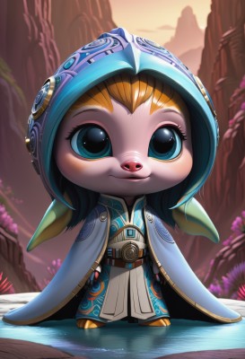 1girl,solo,looking at viewer,smile,blue eyes,blonde hair,closed mouth,standing,full body,outdoors,pointy ears,belt,artist name,hood,chibi,cape,tree,cloak,furry,hood up,mountain,blue cape,yordle,blush,colored skin,watermark,helmet,web address,furry female