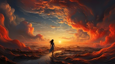 1girl,solo,long hair,black hair,dress,standing,outdoors,sky,barefoot,cloud,water,from behind,white dress,ocean,beach,sunlight,cloudy sky,wind,scenery,smoke,walking,sunset,sand,sun,horizon,silhouette,shore,orange sky,skirt,fire,wide shot,orange theme,molten rock