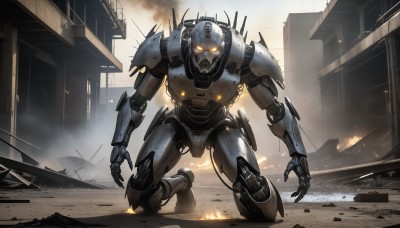 HQ,solo,looking at viewer,yellow eyes,outdoors,orange eyes,no humans,kneeling,glowing,fire,robot,building,mecha,glowing eyes,spikes,smoke,science fiction,city,realistic,military vehicle,one knee,explosion,ruins,damaged,open hands,debris,embers,destruction,military,ground vehicle,motor vehicle,dirty,dust,humanoid robot,sparks,kaijuu