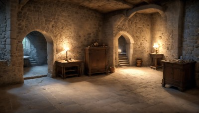 HQ,indoors,no humans,window,chair,sunlight,scenery,stairs,door,light,lamp,candle,wall,brick wall,barrel,candlestand,treasure chest,stone floor,fireplace,crate,book,table,fire,plant,wooden floor,vase,arch,chandelier,stone wall