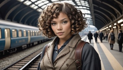 1girl,looking at viewer,smile,short hair,brown hair,shirt,brown eyes,closed mouth,upper body,multiple boys,solo focus,collared shirt,dark skin,blurry,vest,dark-skinned female,lips,depth of field,blue shirt,ground vehicle,curly hair,realistic,nose,train,afro,train station,railroad tracks,solo,jewelry,jacket,necklace,bag