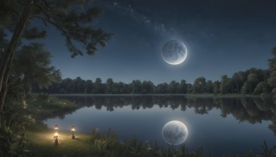 1girl,solo,1boy,hat,outdoors,sky,water,tree,night,moon,cat,grass,plant,star (sky),nature,night sky,scenery,full moon,forest,starry sky,reflection,landscape,lake,standing,lantern,silhouette