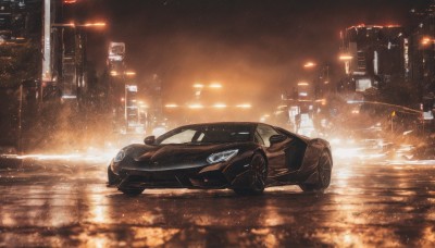 outdoors,sky,no humans,night,ground vehicle,building,scenery,motor vehicle,reflection,rain,city,realistic,car,light,road,cityscape,vehicle focus,lamppost,street,skyscraper,city lights,lights,sports car