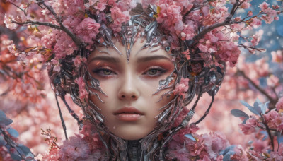 1girl, solo, looking at viewer, brown eyes, closed mouth, flower, blurry, lips, eyelashes, makeup, depth of field, blurry background, expressionless, cherry blossoms, portrait, pink flower, eyeshadow, realistic, nose, branch