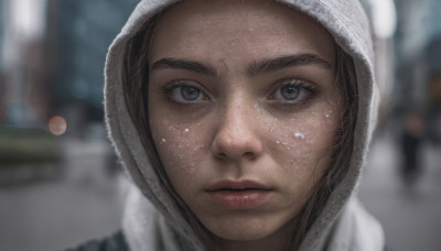 1girl, solo, looking at viewer, blue eyes, brown hair, closed mouth, hood, blurry, lips, grey eyes, blurry background, portrait, hood up, freckles, realistic, nose