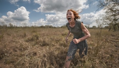 1girl,solo,open mouth,brown hair,shirt,1boy,outdoors,sky,shorts,teeth,day,cloud,tears,tree,blue sky,torn clothes,cloudy sky,crying,grass,denim,t-shirt,scenery,running,realistic,field,dirty,short hair,short sleeves,crying with eyes open,screaming,dirty face