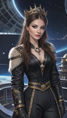 1girl,solo,long hair,breasts,looking at viewer,brown hair,gloves,long sleeves,cleavage,brown eyes,jewelry,medium breasts,standing,cowboy shot,earrings,black gloves,belt,pants,artist name,necklace,lips,coat,fur trim,makeup,watermark,black pants,crown,gem,star (sky),starry sky,gold trim,realistic,nose,arms at sides,red lips,space,planet,earth (planet),dress,lipstick,forehead