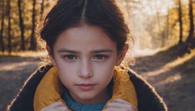 1girl,solo,looking at viewer,short hair,black hair,closed mouth,outdoors,scarf,blurry,black eyes,lips,depth of field,blurry background,from above,child,portrait,freckles,realistic,nose,brown hair,tree,close-up,forehead,backlighting