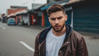 solo,short hair,brown hair,shirt,1boy,jacket,white shirt,upper body,male focus,outdoors,parted lips,open clothes,hood,blurry,open jacket,blurry background,facial hair,beard,meme,brown jacket,mature male,realistic,mustache,leather,undercut,leather jacket,photo background,looking at viewer,black hair,brown eyes,closed mouth,day,black jacket,depth of field,road