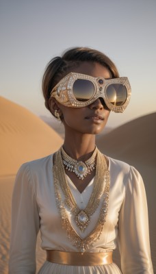 1girl,solo,short hair,brown hair,black hair,long sleeves,dress,jewelry,upper body,earrings,outdoors,parted lips,day,dark skin,necklace,white dress,blurry,dark-skinned female,lips,mask,gem,facing viewer,realistic,nose,sand,very dark skin,desert,piercing,sunglasses,backlighting