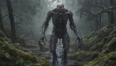 solo,looking at viewer,red eyes,1boy,standing,male focus,outdoors,water,tree,wet,no humans,glowing,nature,scenery,glowing eyes,claws,wading,forest,rain,monster,skeleton,moss,open mouth,teeth,plant,alien,horror (theme),fog