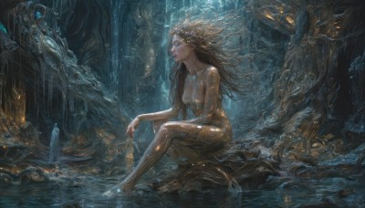 1girl,solo,long hair,breasts,blue eyes,brown hair,jewelry,medium breasts,sitting,nipples,nude,parted lips,barefoot,artist name,signature,water,lips,wet,glowing,looking up,monster girl,science fiction,fantasy,giant,ruins,cave,closed eyes,tree,makeup,floating hair,gem,nature,forest,rock,realistic