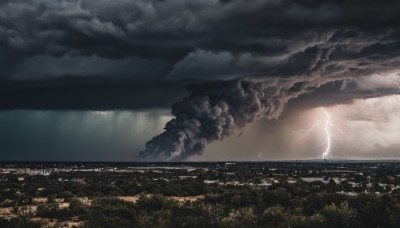 solo,outdoors,sky,cloud,no humans,ocean,cloudy sky,building,scenery,city,fantasy,horizon,electricity,cityscape,lightning,landscape,city lights,night,grass,smoke,dark