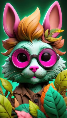 solo,looking at viewer,short hair,simple background,shirt,1boy,holding,animal ears,closed mouth,jacket,upper body,flower,male focus,glasses,artist name,signature,orange hair,rabbit ears,blurry,gradient,gradient background,leaf,plant,goggles,furry,pink flower,green background,brown jacket,blurry foreground,round eyewear,furry male,tinted eyewear,animal nose,whiskers,collared shirt,no humans,buttons,animal,sunglasses,portrait,outline,rabbit,brown shirt,orange shirt,brown fur