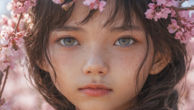 1girl, solo, looking at viewer, bangs, brown hair, brown eyes, closed mouth, flower, mole, blurry, lips, cherry blossoms, portrait, close-up, realistic, nose, branch