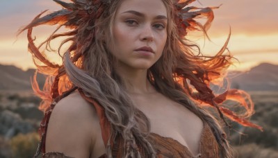 1girl,solo,long hair,breasts,looking at viewer,blue eyes,brown hair,hair ornament,cleavage,bare shoulders,medium breasts,upper body,outdoors,parted lips,sky,blurry,lips,depth of field,blurry background,feathers,freckles,sunset,mountain,realistic,nose,fantasy,feather hair ornament,looking afar,blonde hair,braid,wind