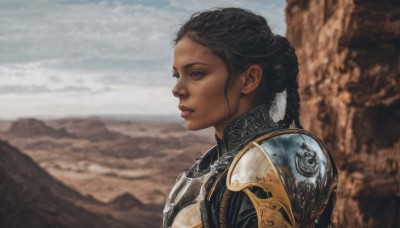 1girl,solo,long hair,black hair,closed mouth,upper body,braid,outdoors,sky,cloud,dark skin,armor,blurry,black eyes,twin braids,from side,dark-skinned female,lips,profile,blurry background,facial mark,shoulder armor,portrait,pauldrons,breastplate,realistic,nose,short hair,brown eyes,day,mountain,desert,cliff