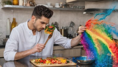 solo,short hair,brown hair,shirt,black hair,1boy,holding,white shirt,upper body,male focus,food,collared shirt,indoors,fruit,facial hair,eating,bottle,beard,plate,sleeves rolled up,bowl,realistic,spoon,mustache,stubble,rainbow,chest hair,cooking,kitchen,tomato,arm hair,sitting,blurry,blurry background,looking down,undercut